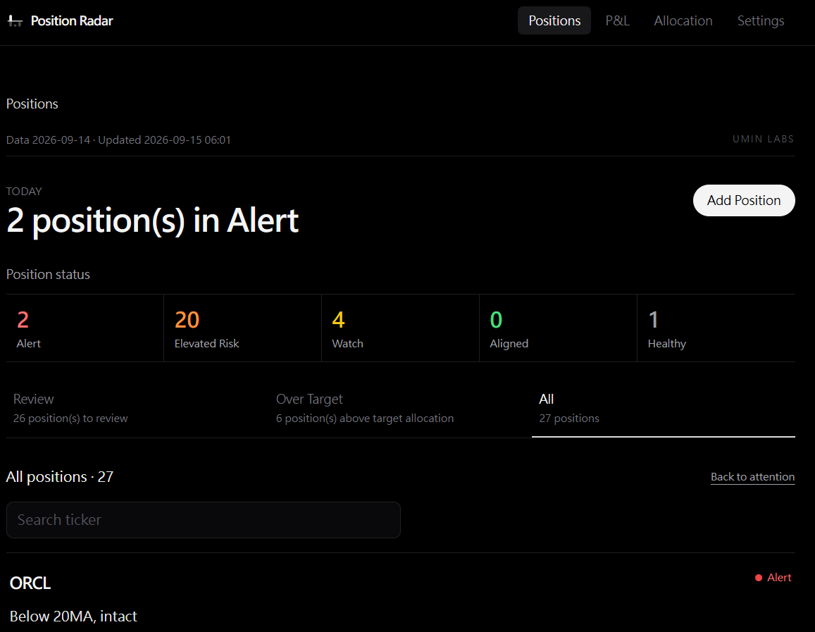 Position Radar portfolio status overview with five holding states, search filters, and holdings list