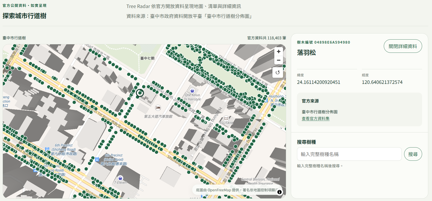 Tree Radar Taichung street-tree map with selected bald cypress details and official data source